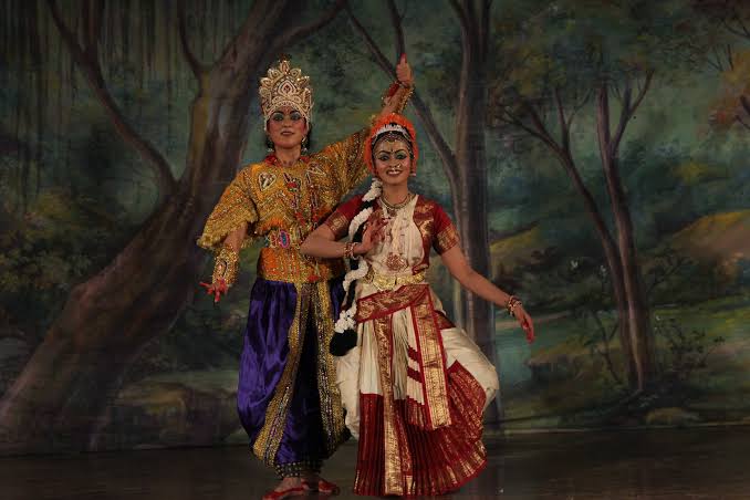 Rama and Sita classical pose, forest scene